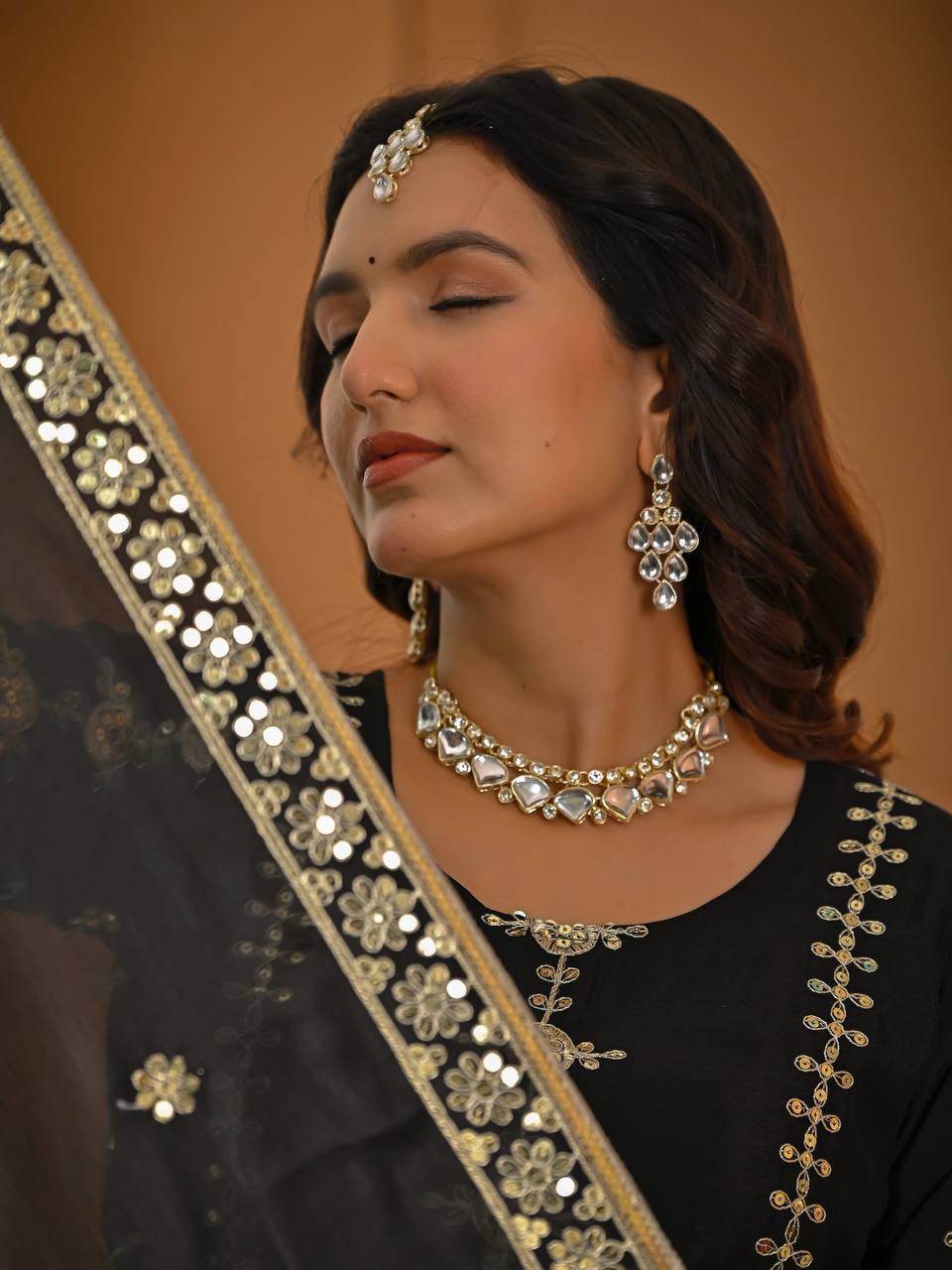 Classic Black Vichitra Silk 5mm Sequence Embroiderey Sharara Suit with Matching Dupatta