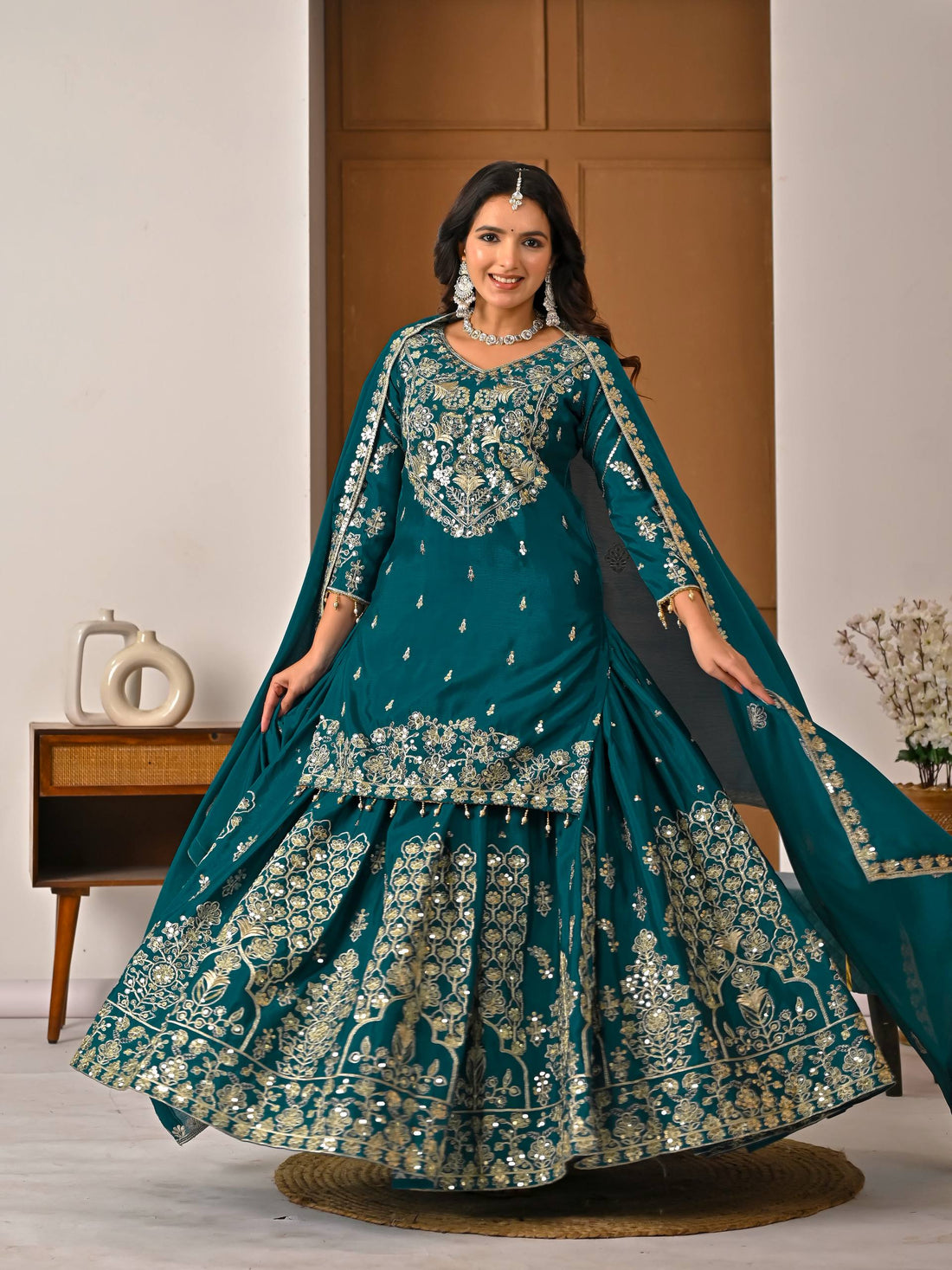 Teal Blue Chinnon Silk Embroiderey Lehenga Choli with 5mm Sequence & Zari Work