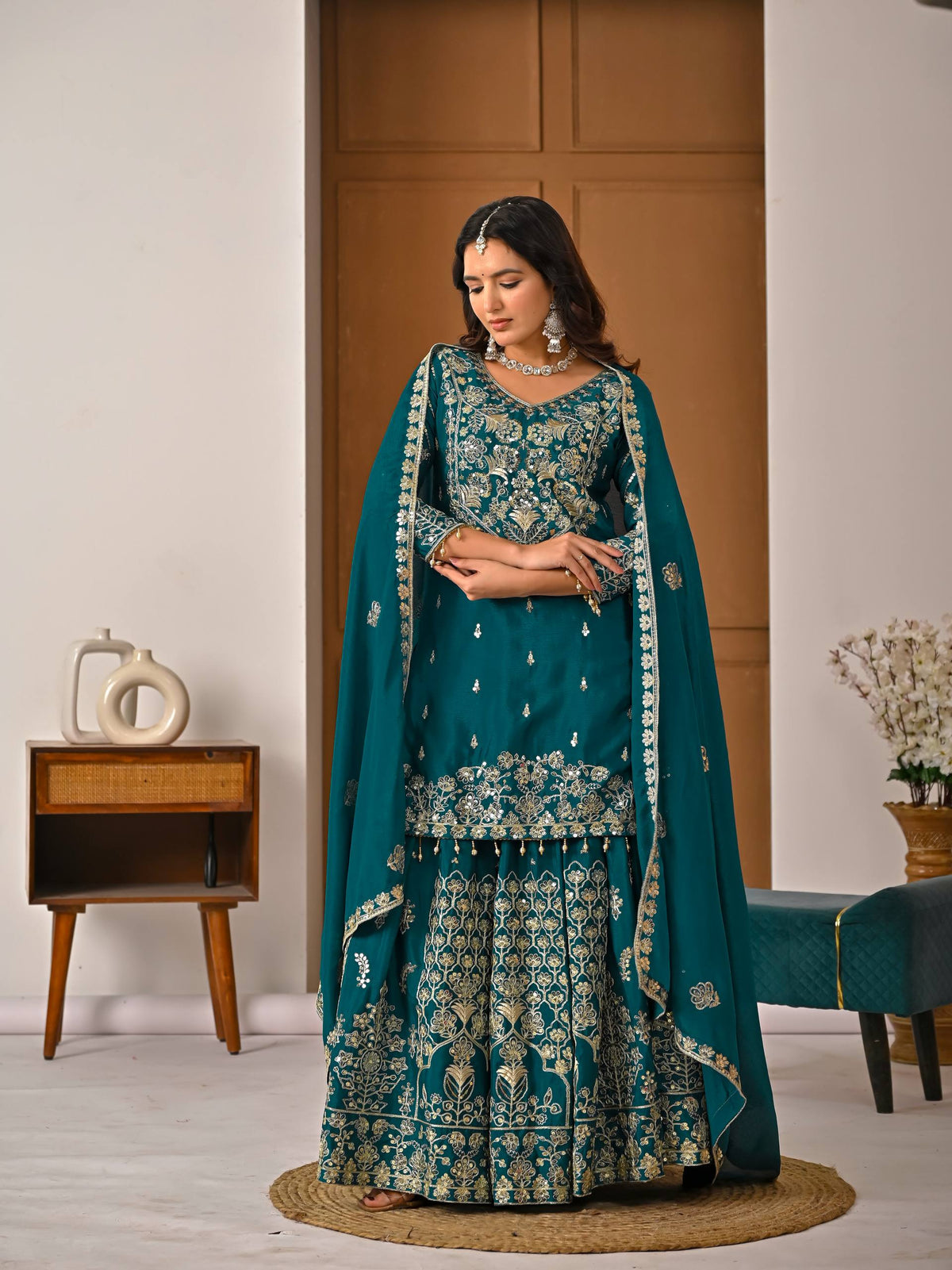 Teal Green Chinnon Silk 5mm Sequence & Zari Work With Lehenga