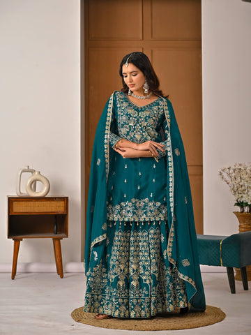 Teal Green Chinnon Silk 5mm Sequence & Zari Work With Lehenga