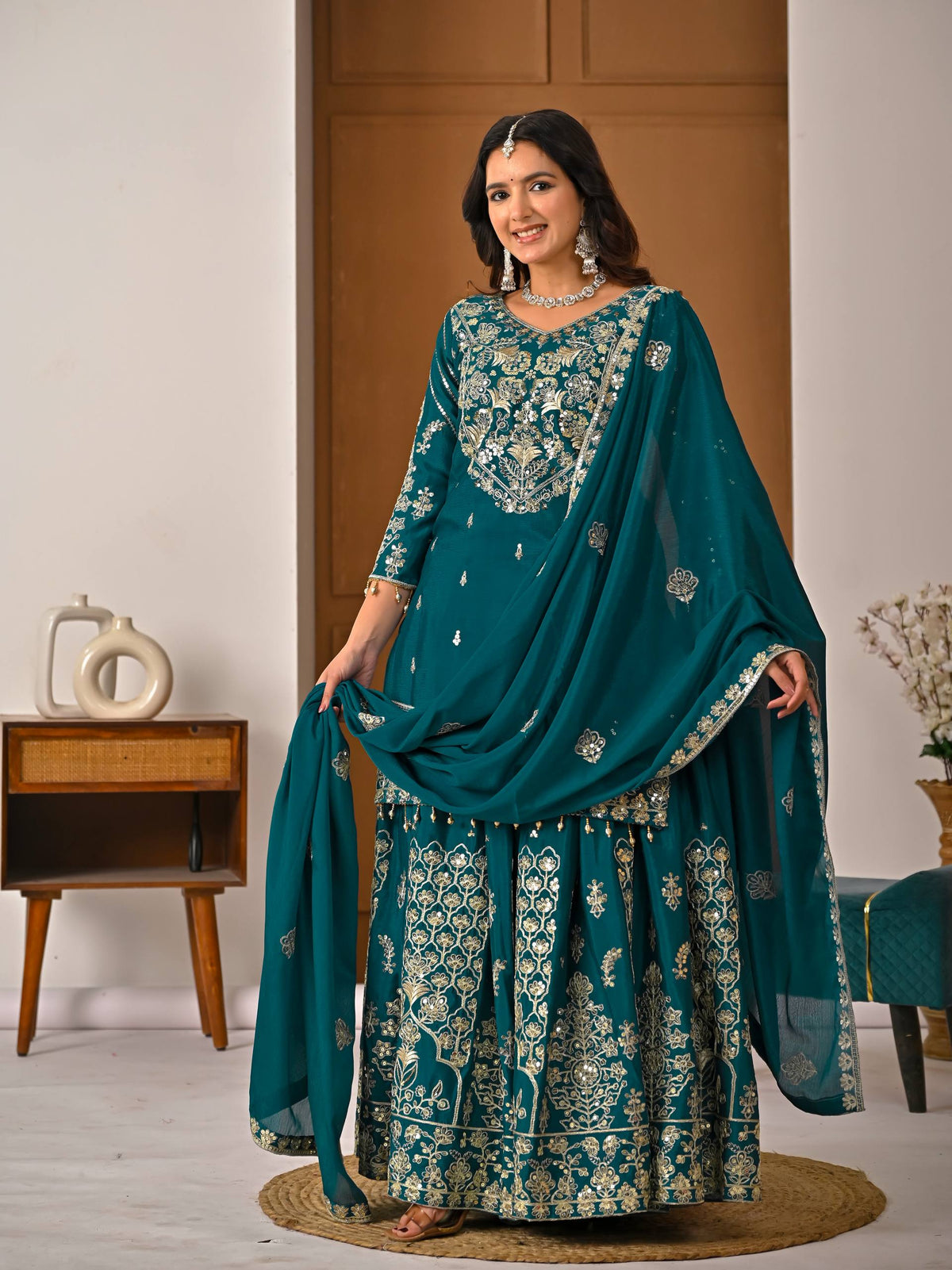Teal Green Chinnon Silk 5mm Sequence & Zari Work With Lehenga