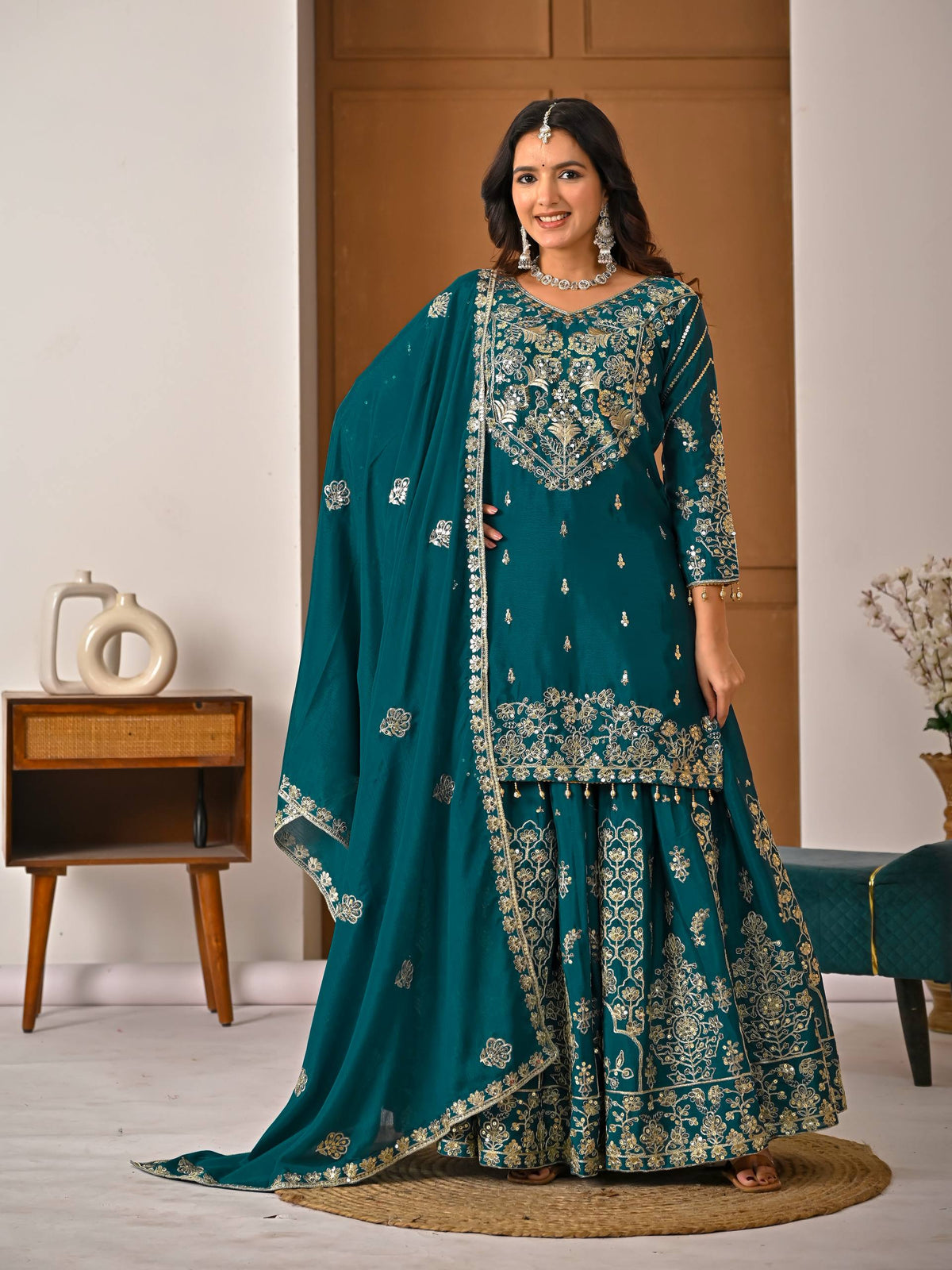 Teal Green Chinnon Silk 5mm Sequence & Zari Work With Lehenga