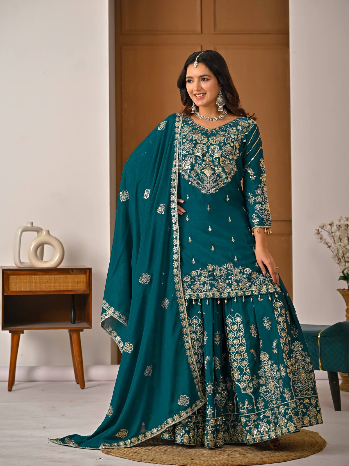 Teal Green Chinnon Silk 5mm Sequence & Zari Work With Lehenga