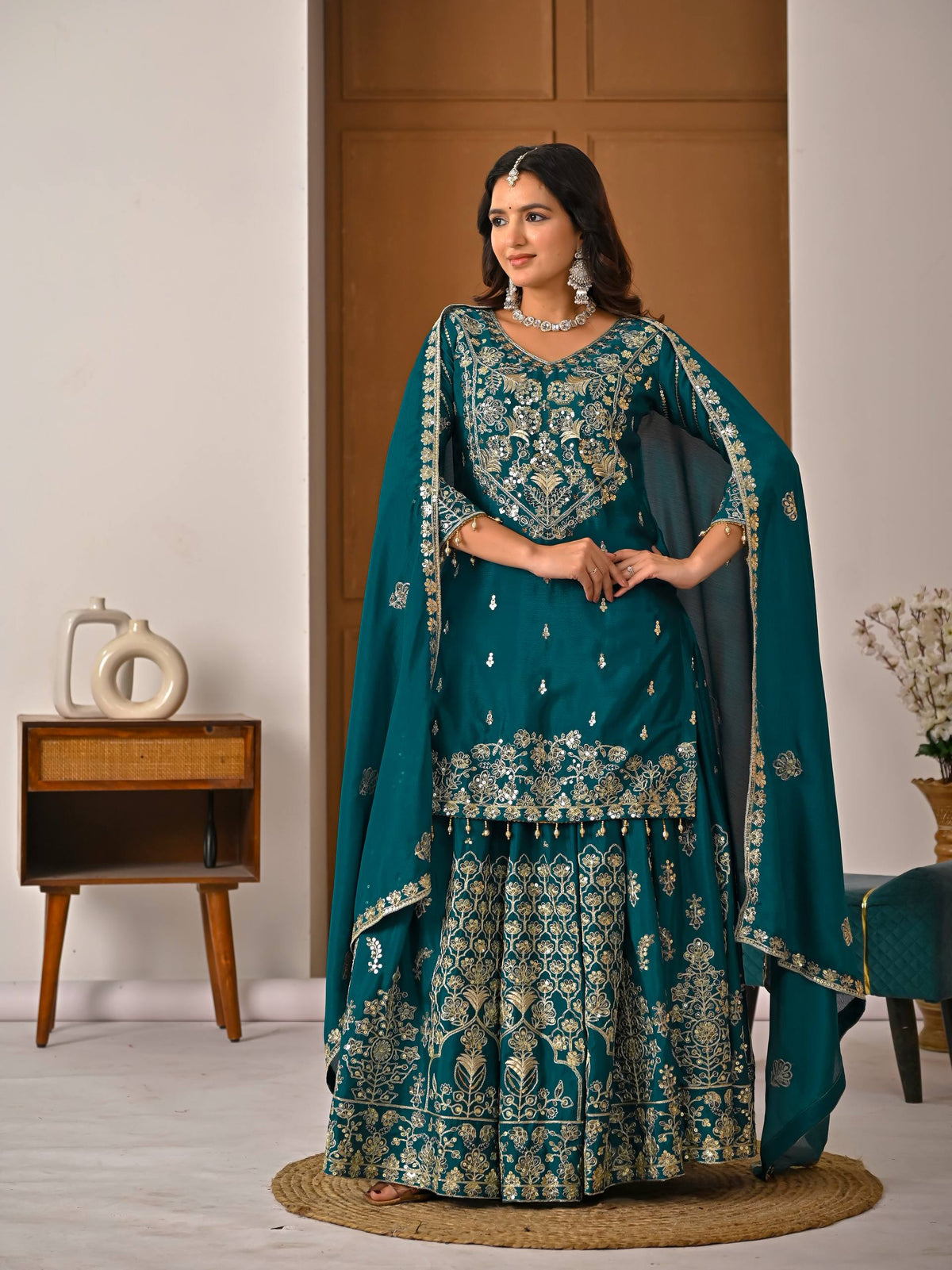 Teal Green Chinnon Silk 5mm Sequence & Zari Work With Lehenga
