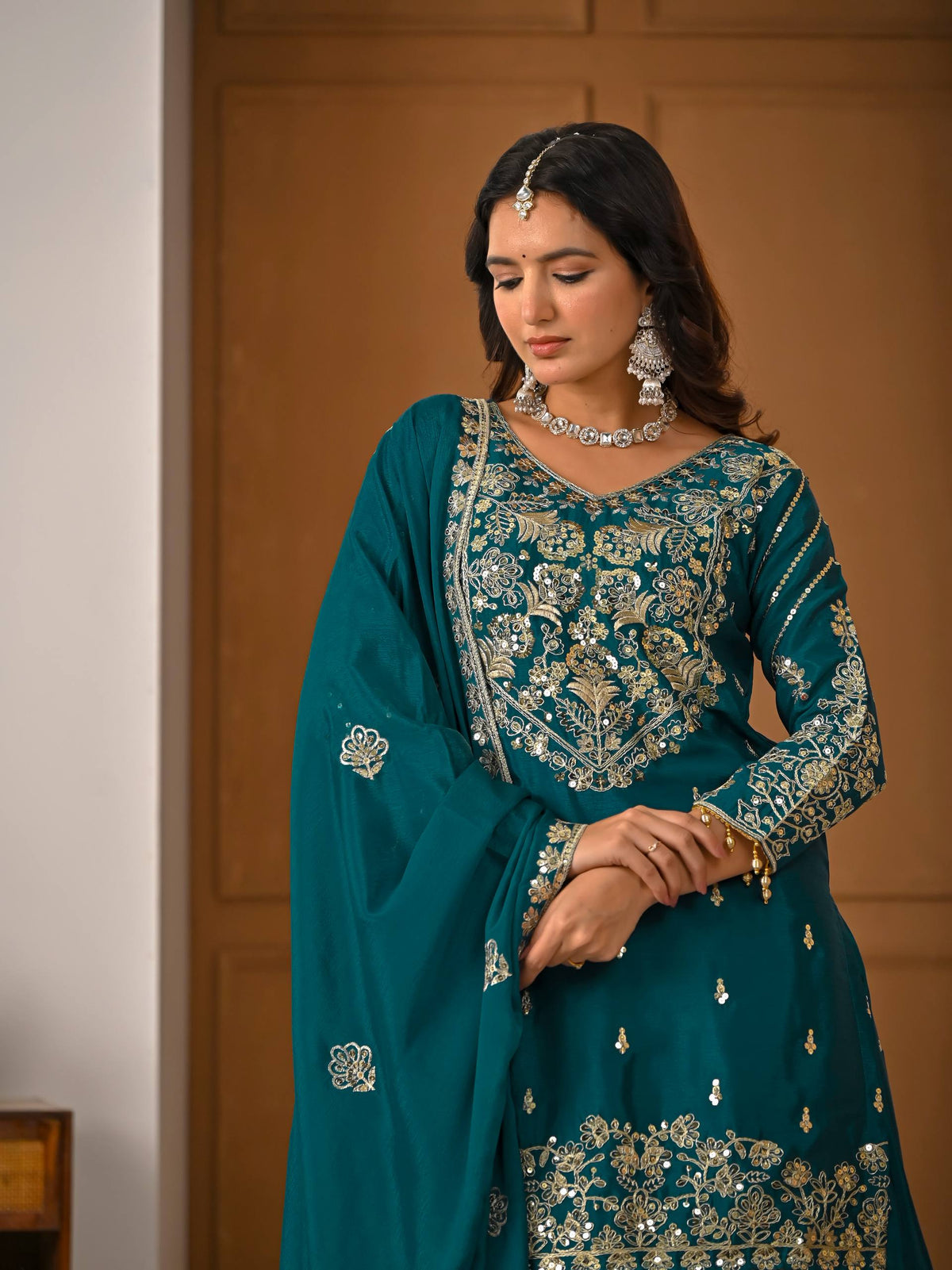 Teal Green Chinnon Silk 5mm Sequence & Zari Work With Lehenga