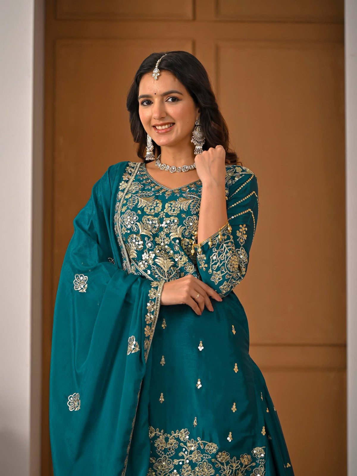 Teal Green Chinnon Silk 5mm Sequence & Zari Work With Lehenga