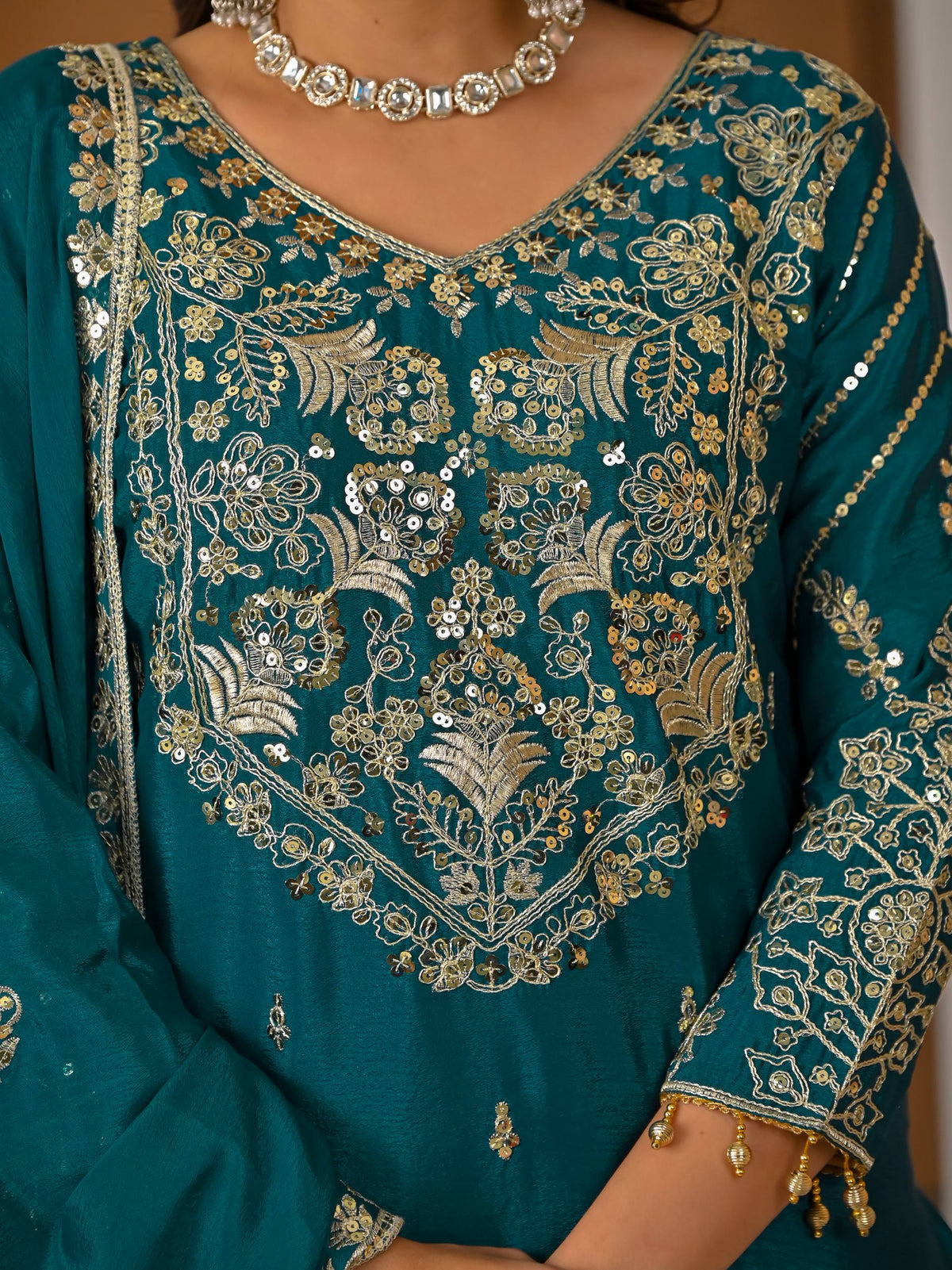 Teal Green Chinnon Silk 5mm Sequence & Zari Work With Lehenga