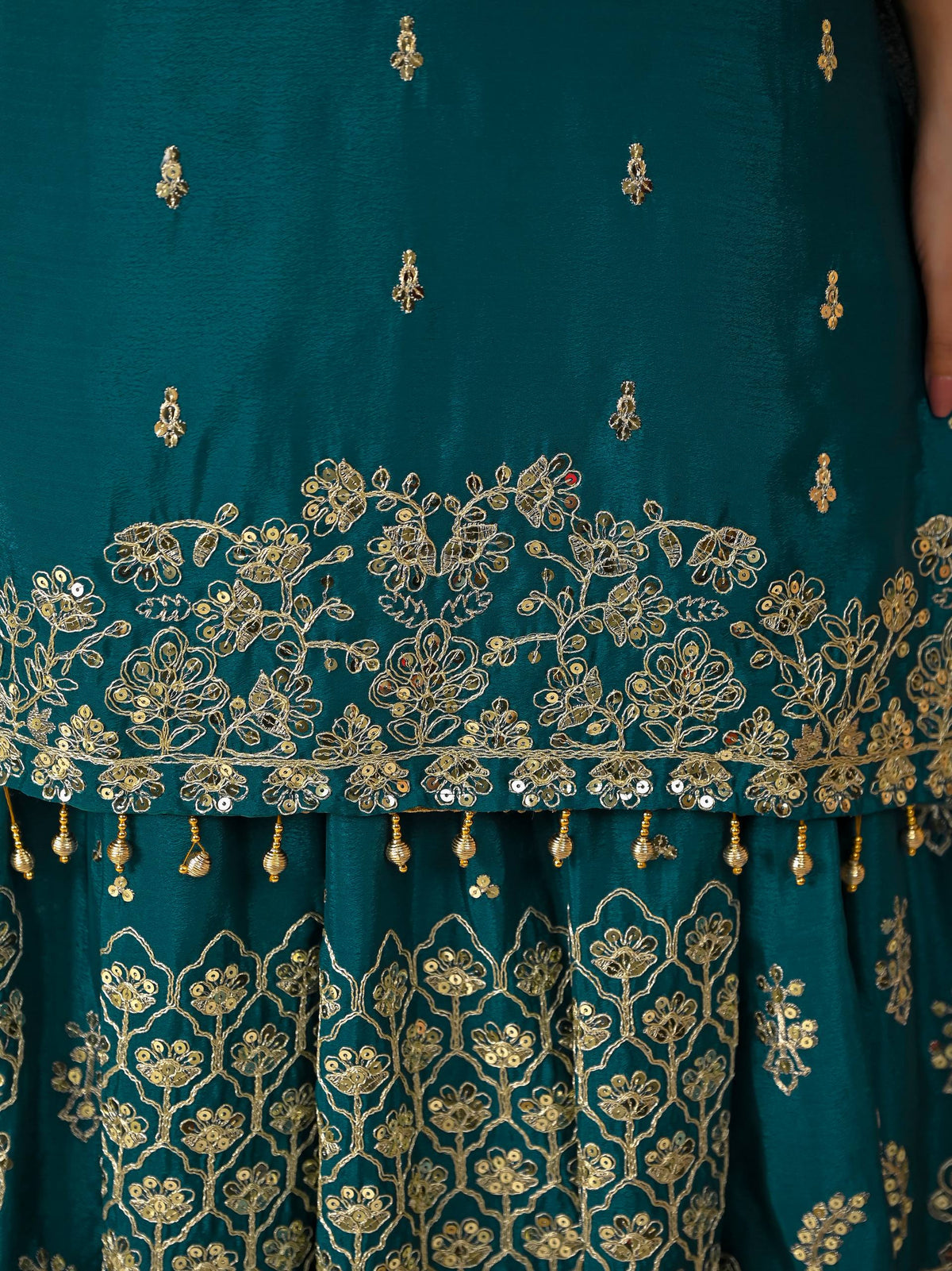 Teal Green Chinnon Silk 5mm Sequence & Zari Work With Lehenga