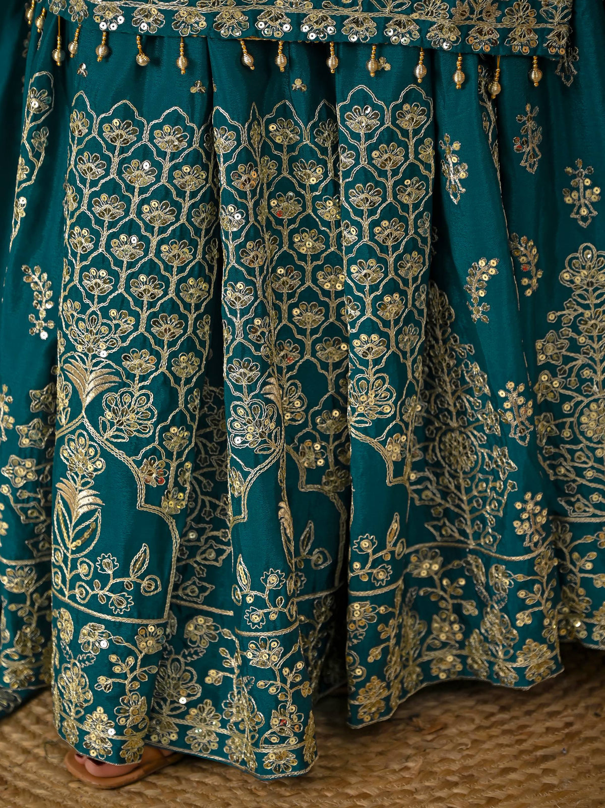 Teal Green Chinnon Silk 5mm Sequence & Zari Work With Lehenga