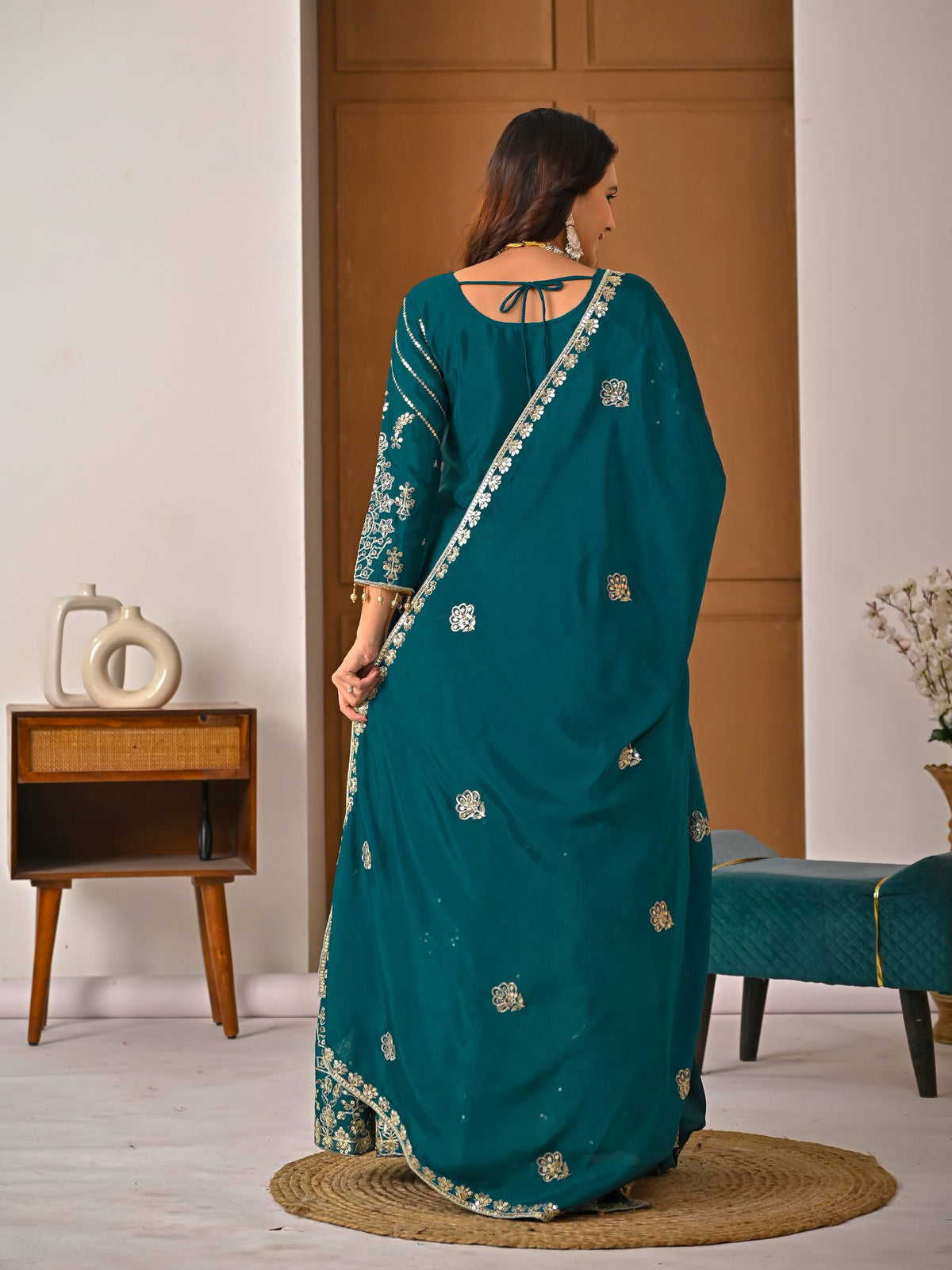 Teal Green Chinnon Silk 5mm Sequence & Zari Work With Lehenga