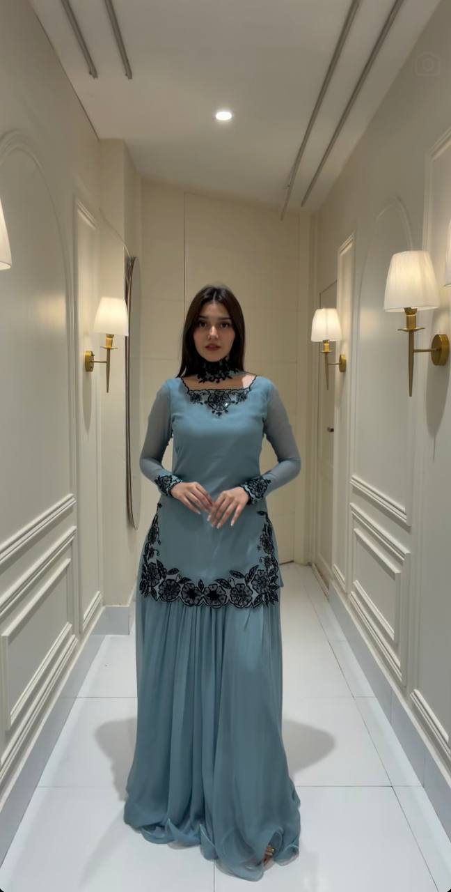 Blue Faux Georgette  Beads & Sequence Embroidery with  Sharara Set