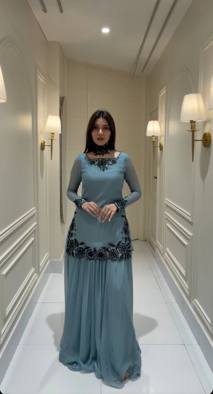 Blue Faux Georgette  Beads & Sequence Embroidery with  Sharara Set