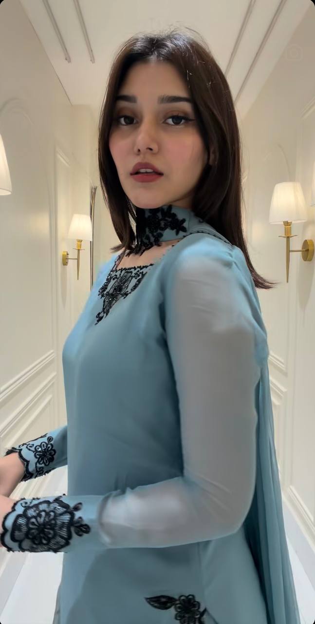 Blue Faux Georgette  Beads & Sequence Embroidery with  Sharara Set
