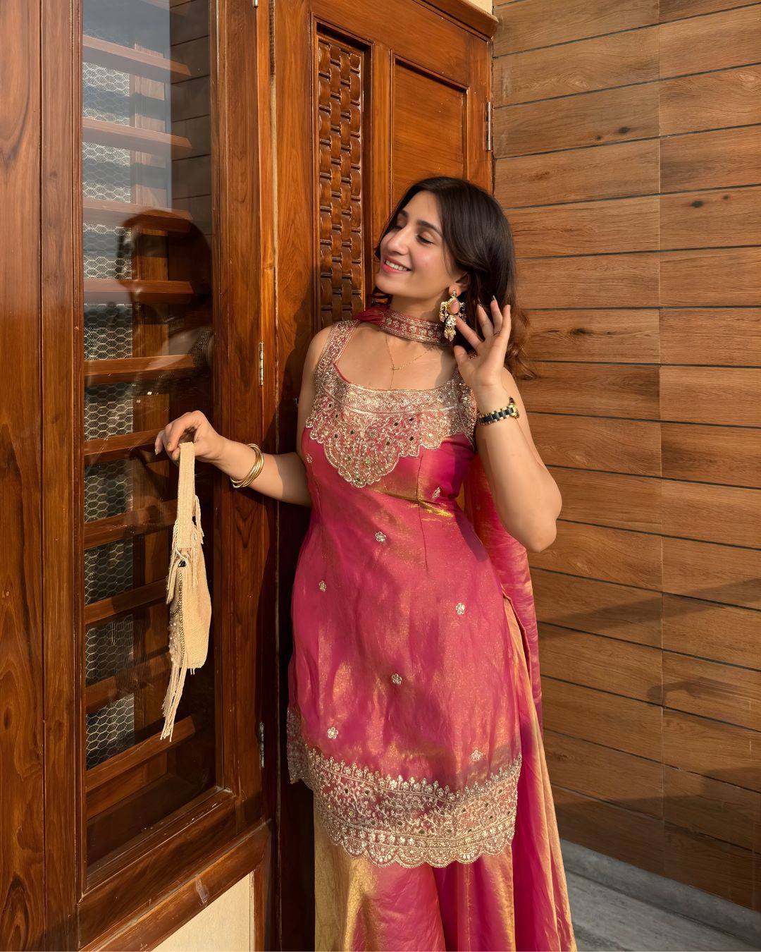 GajrI Fandy Silk 5mm Sequence Embroiderey  Sharara Palazzo Suit with Dupatta