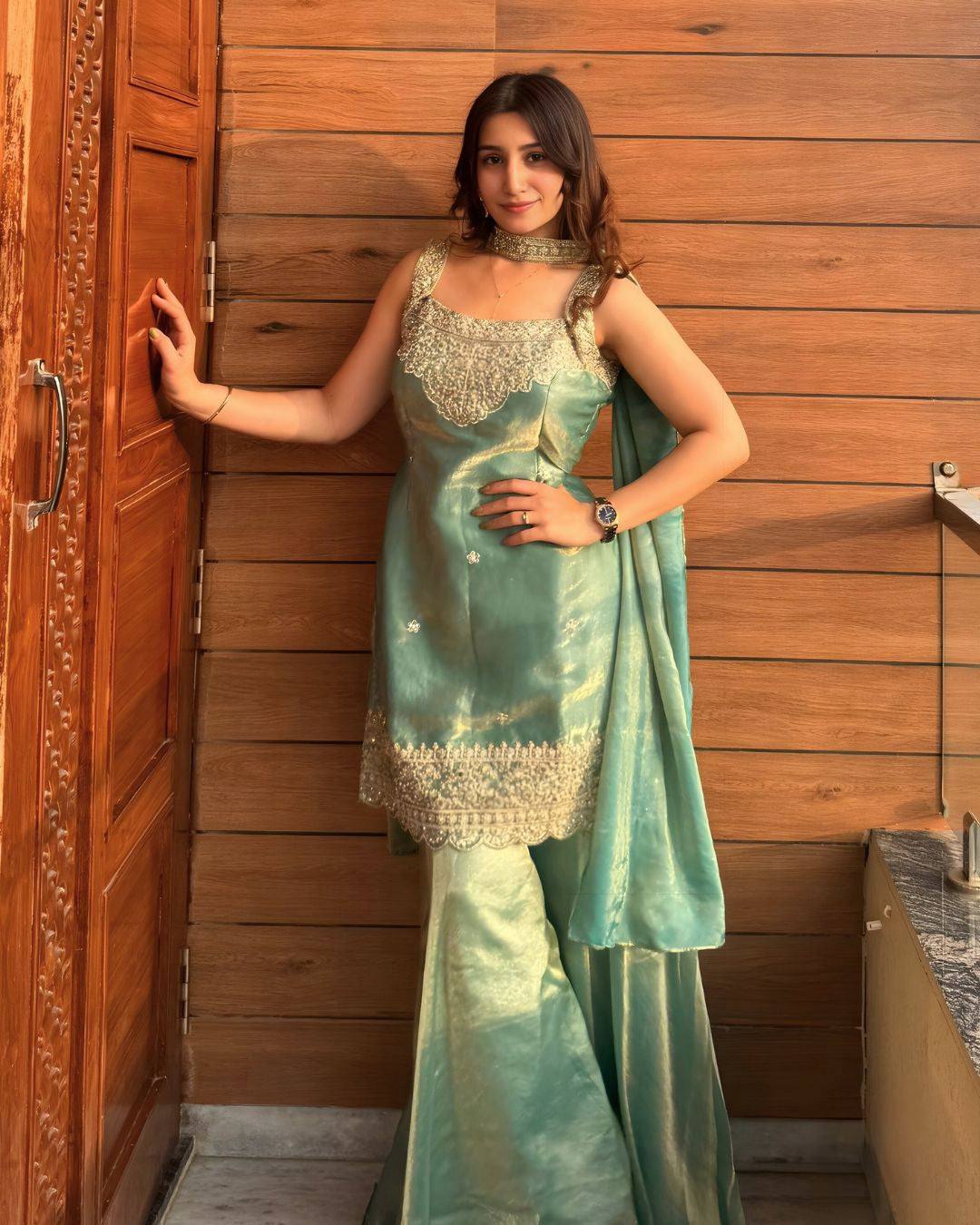 Powder Green Fandy Silk 5mm Sequence Embroiderey Sharara Palazzo Suit with Dupatta
