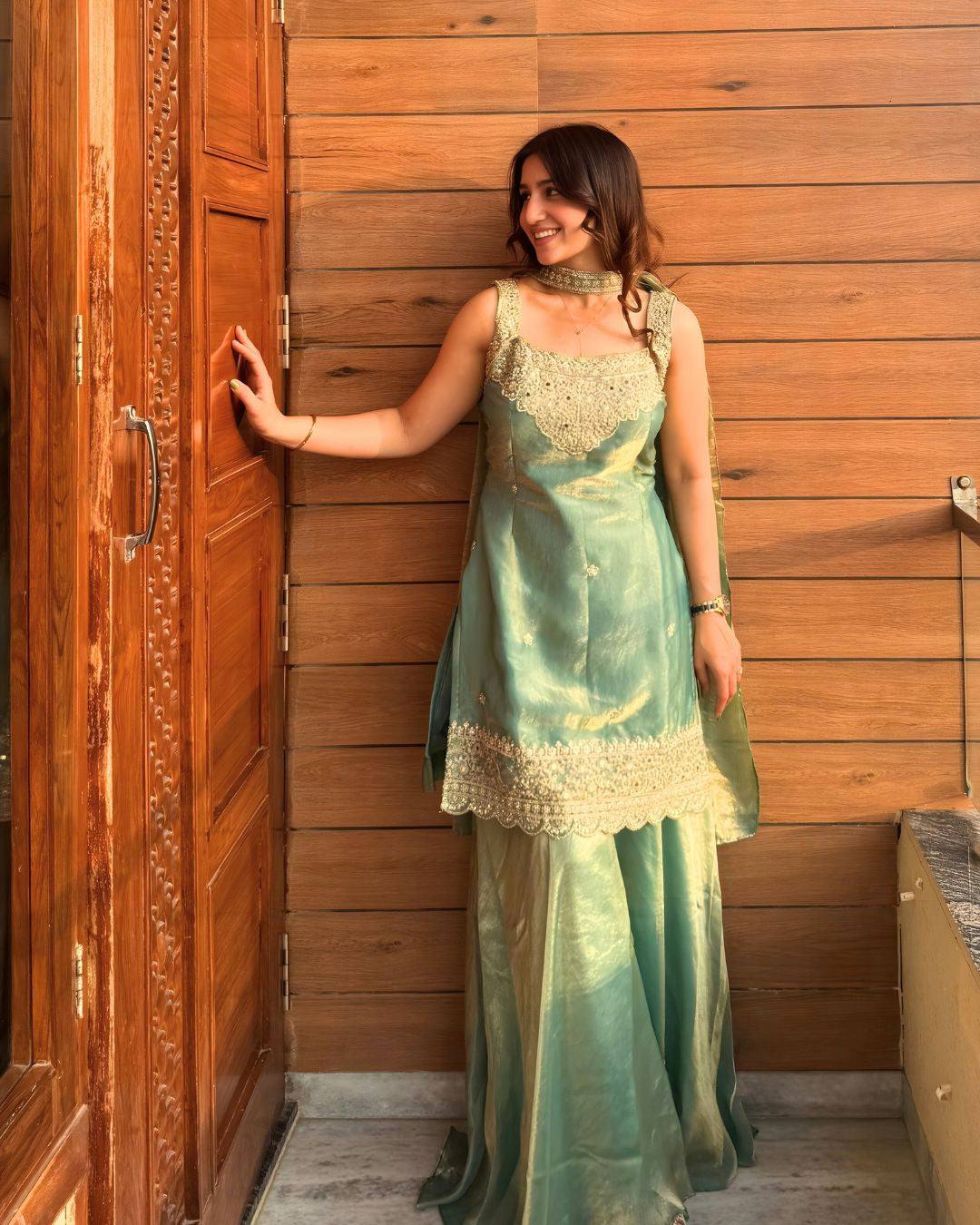 Powder Green Fandy Silk 5mm Sequence Embroiderey Sharara Palazzo Suit with Dupatta