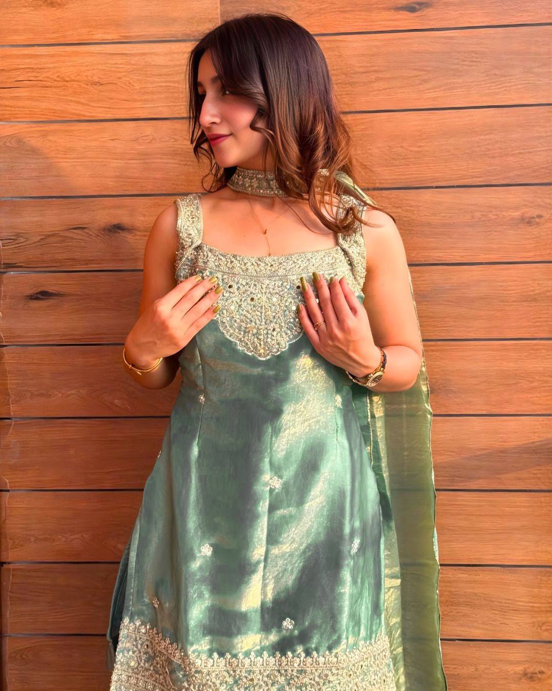 Powder Green Fandy Silk 5mm Sequence Embroiderey Sharara Palazzo Suit with Dupatta