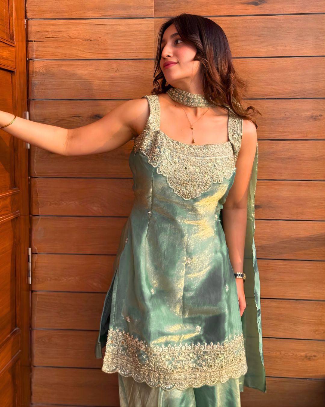 Powder Green Fandy Silk 5mm Sequence Embroiderey Sharara Palazzo Suit with Dupatta
