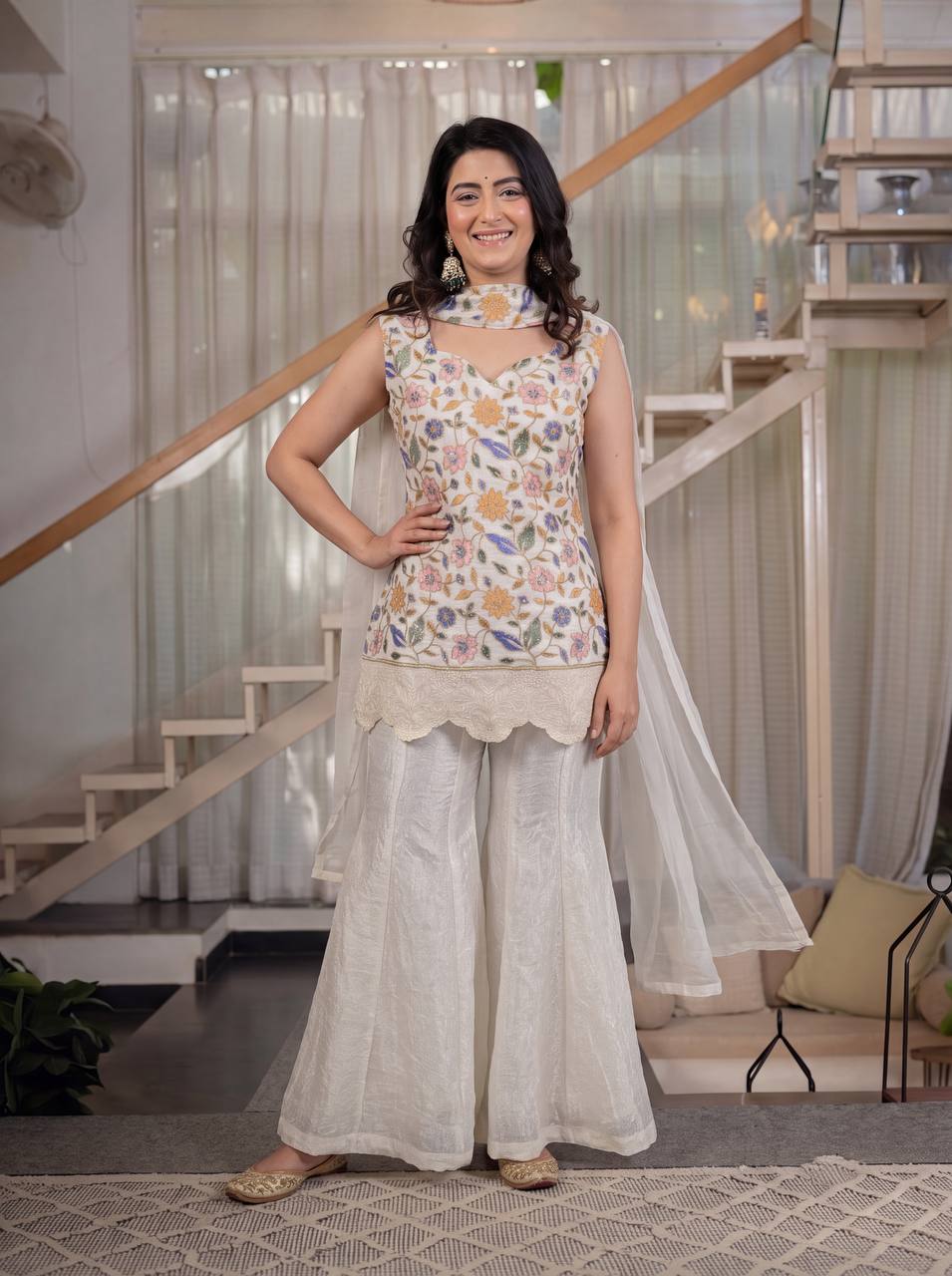 Ivory Fendi Crush 3-Piece Sharara Suit with Embroidery Work