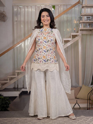 White Fendi Crush Embroidery With Threds Work Sharara Set