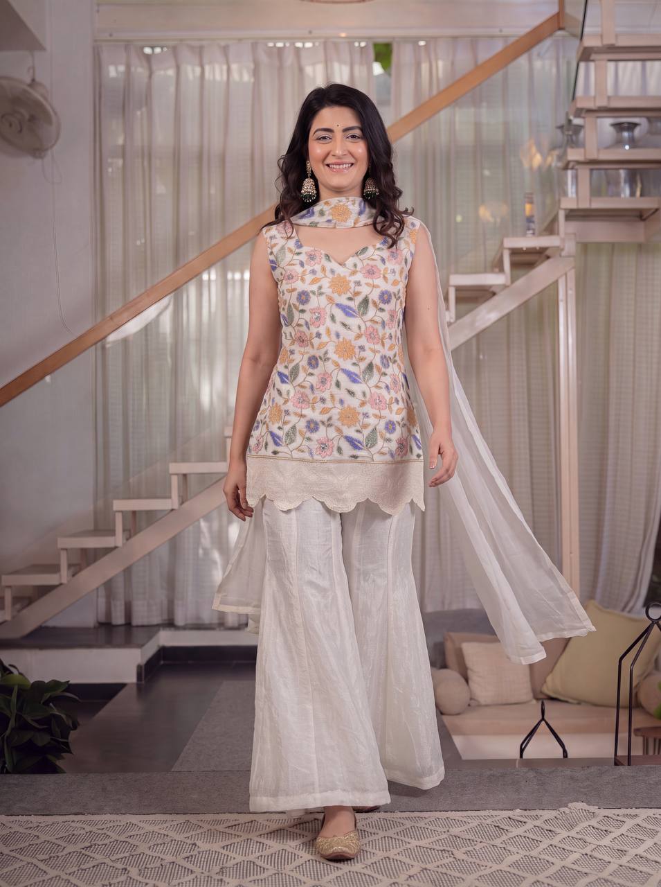 Ivory Fendi Crush 3-Piece Sharara Suit with Embroidery Work