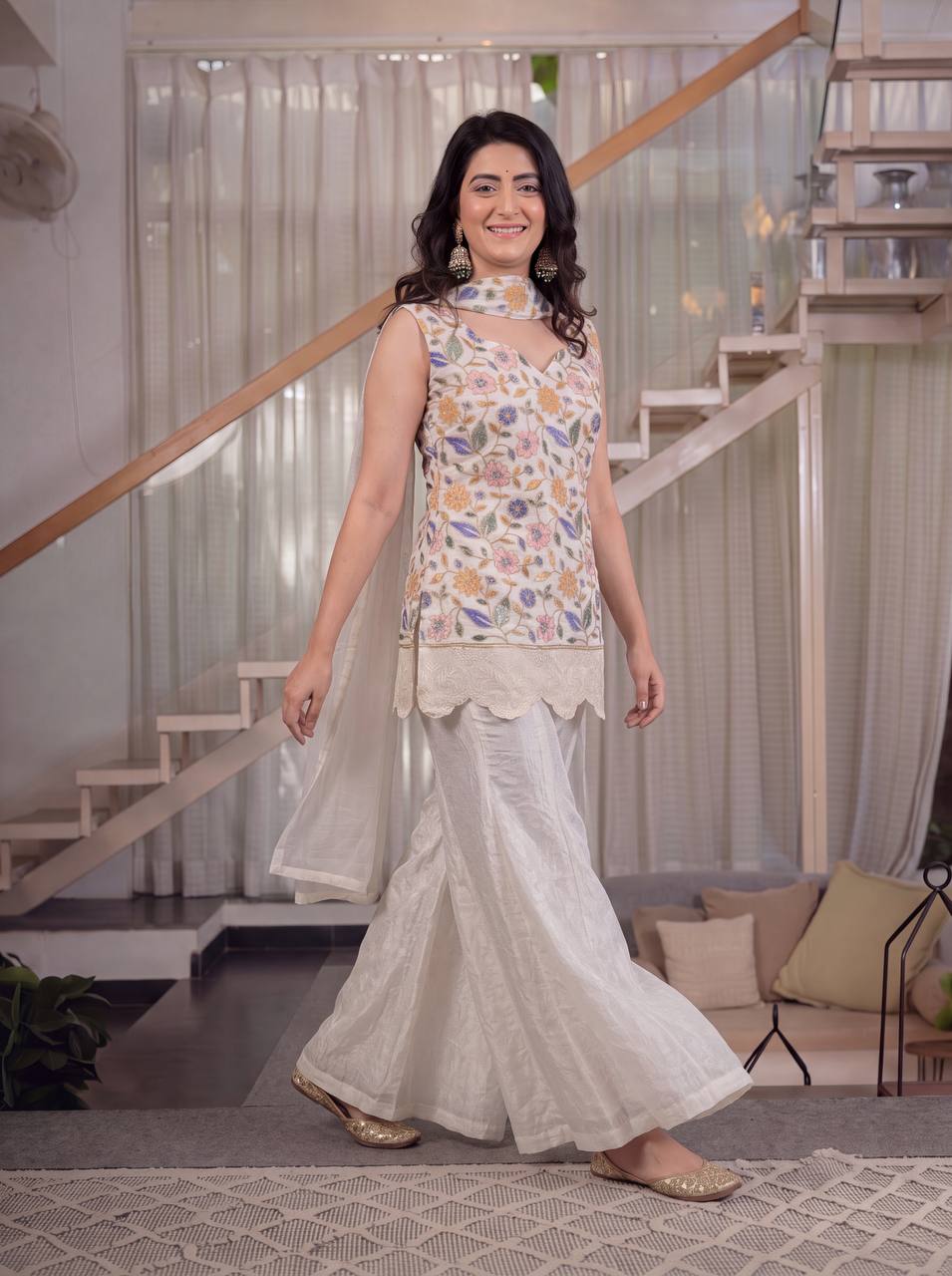 Ivory Fendi Crush 3-Piece Sharara Suit with Embroidery Work