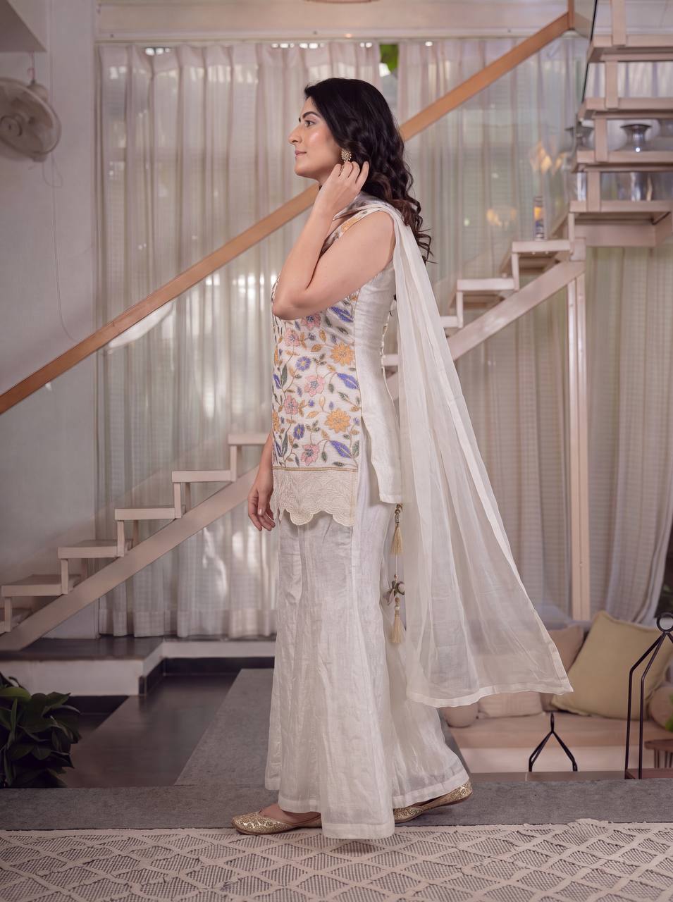 Ivory Fendi Crush 3-Piece Sharara Suit with Embroidery Work