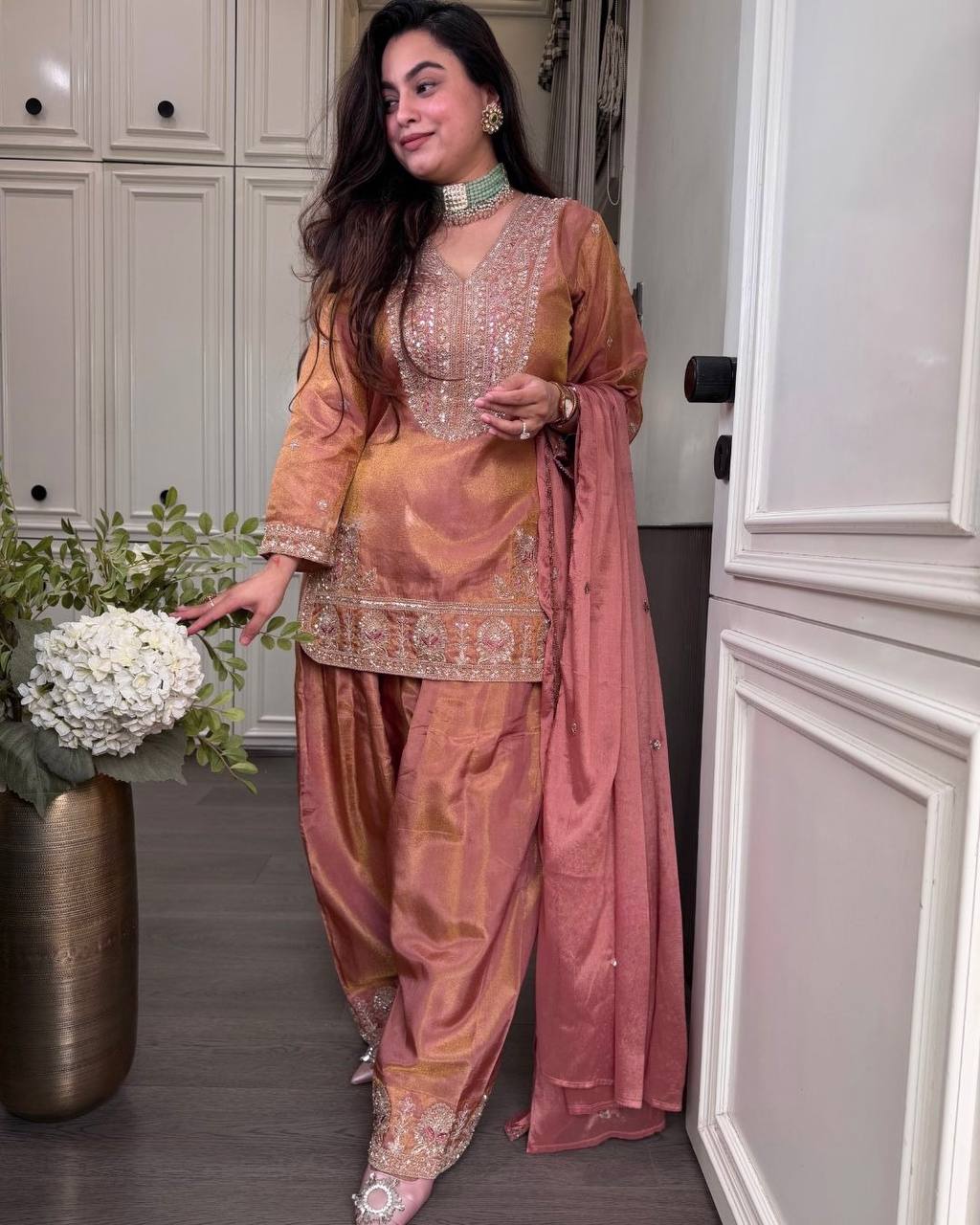 Orenge Silk Embroidery Sequence Work 3-Piece  Palazzo Set with Dupatta
