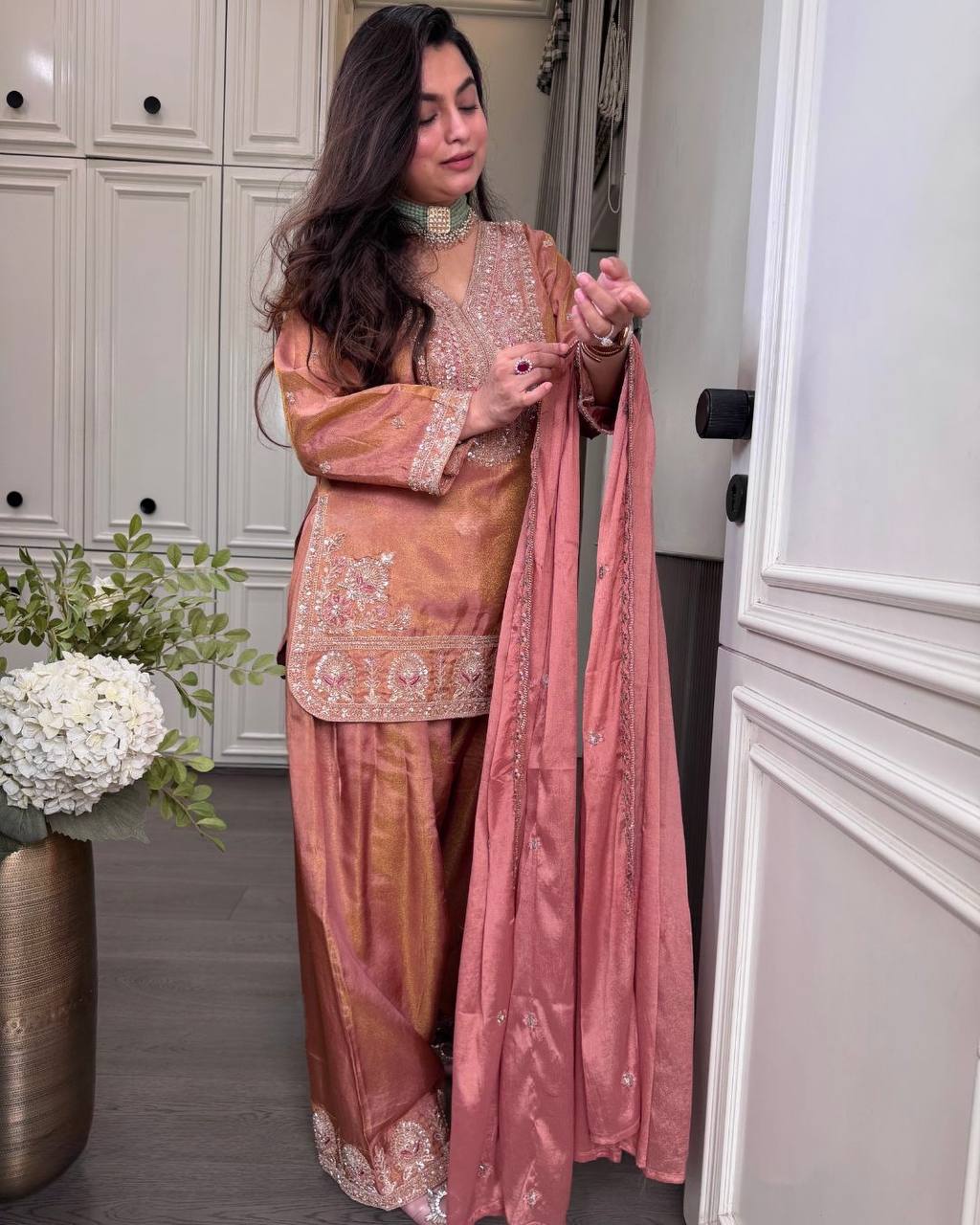 Orenge Silk Embroidery Sequence Work 3-Piece  Palazzo Set with Dupatta
