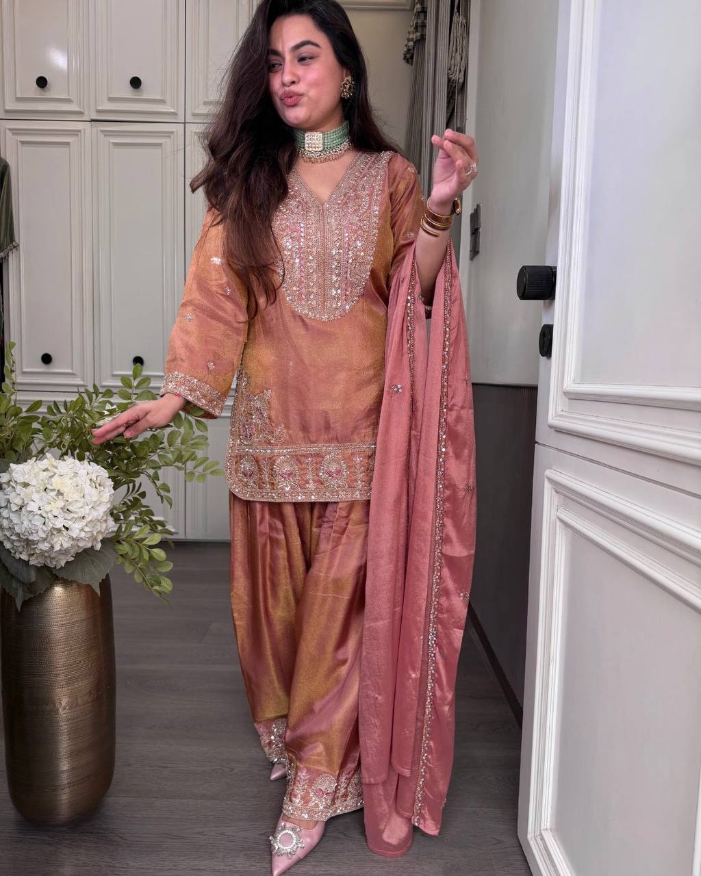Orenge Silk Embroidery Sequence Work 3-Piece  Palazzo Set with Dupatta