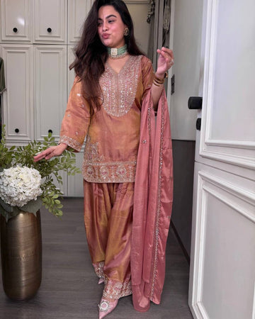 Orenge Silk Embroidery Sequence Work 3-Piece  Palazzo Set with Dupatta