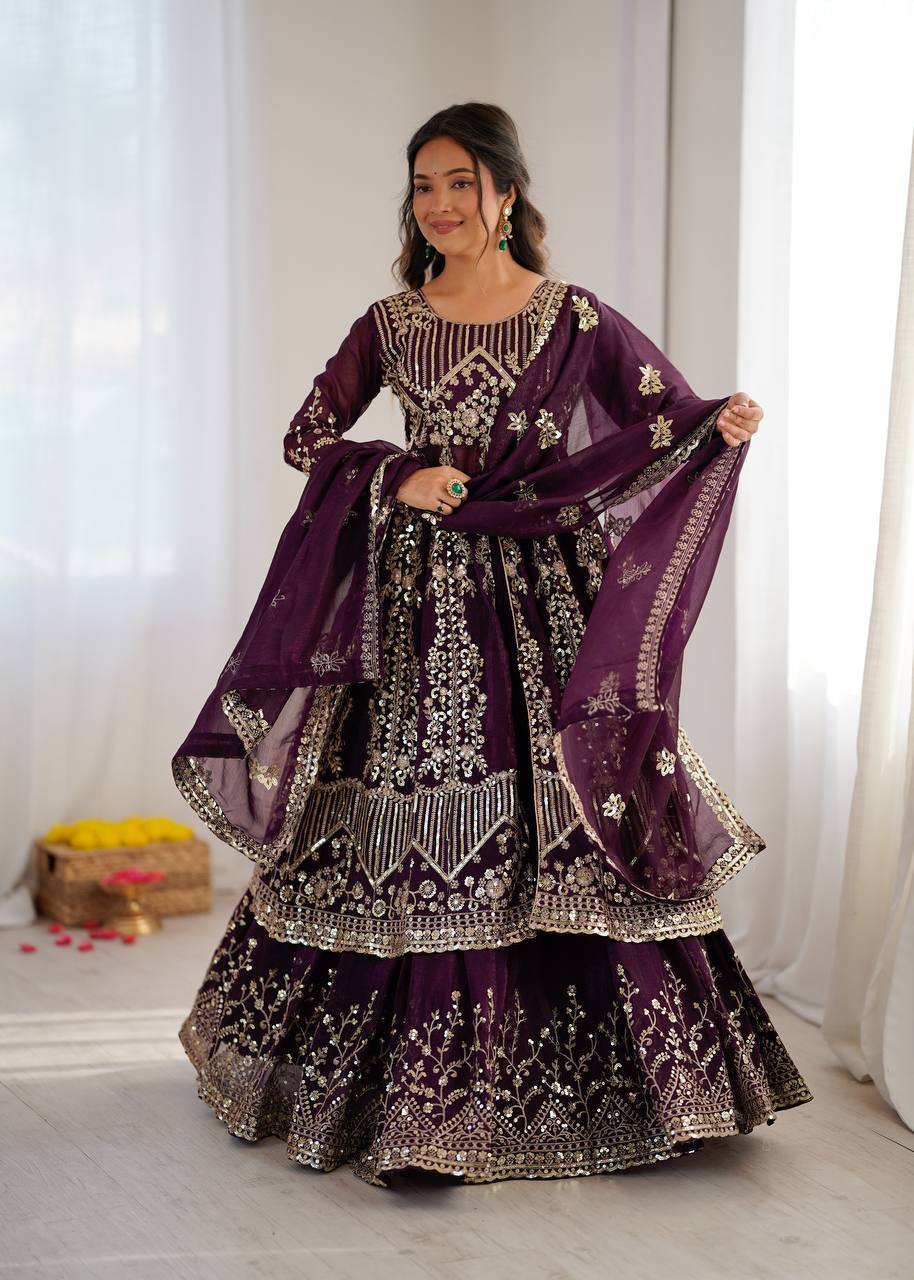 Purpal Crunchy Silk  Embroidery Sequence Work 3-Piece Lehenga Set