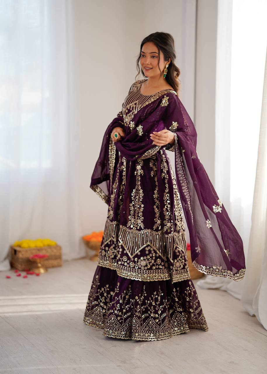 Purpal Crunchy Silk  Embroidery Sequence Work 3-Piece Lehenga Set