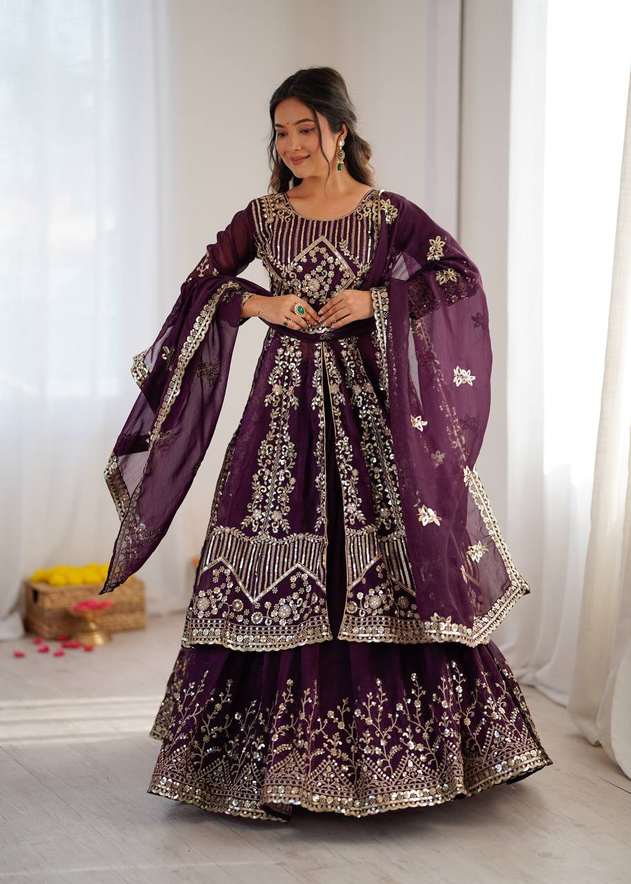 Purpal Crunchy Silk  Embroidery Sequence Work 3-Piece Lehenga Set