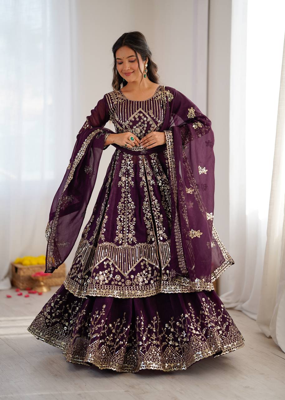 Purpal Crunchy Silk  Embroidery Sequence Work 3-Piece Lehenga Set