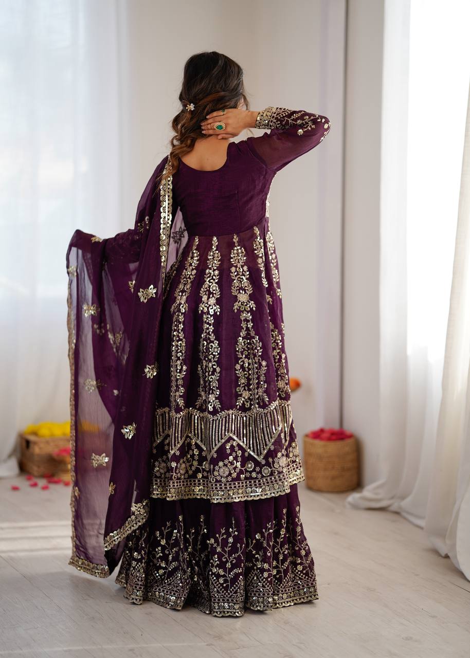 Purpal Crunchy Silk  Embroidery Sequence Work 3-Piece Lehenga Set