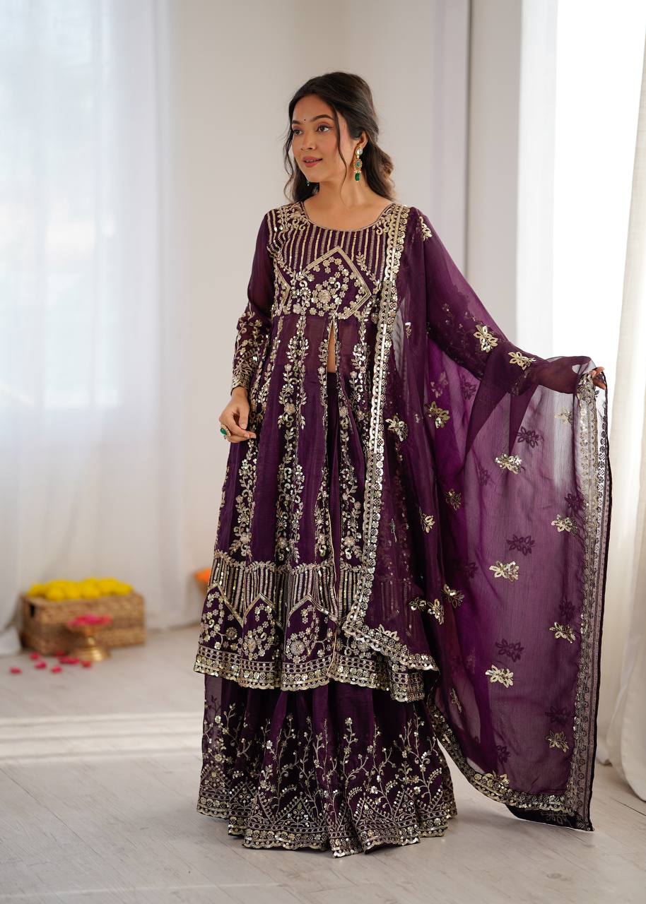 Purpal Crunchy Silk  Embroidery Sequence Work 3-Piece Lehenga Set