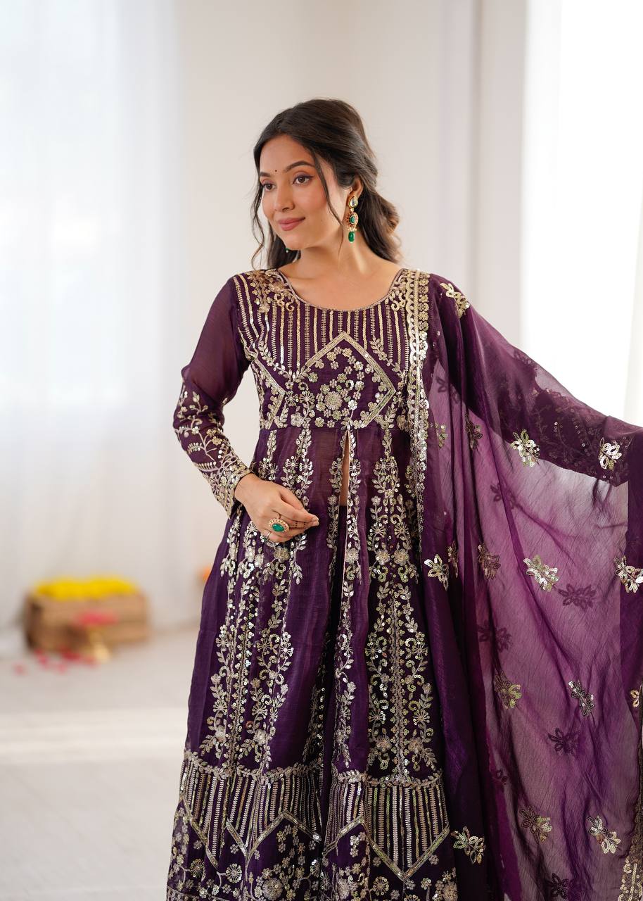 Purpal Crunchy Silk  Embroidery Sequence Work 3-Piece Lehenga Set
