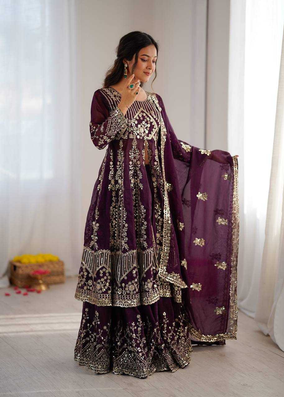 Purpal Crunchy Silk  Embroidery Sequence Work 3-Piece Lehenga Set