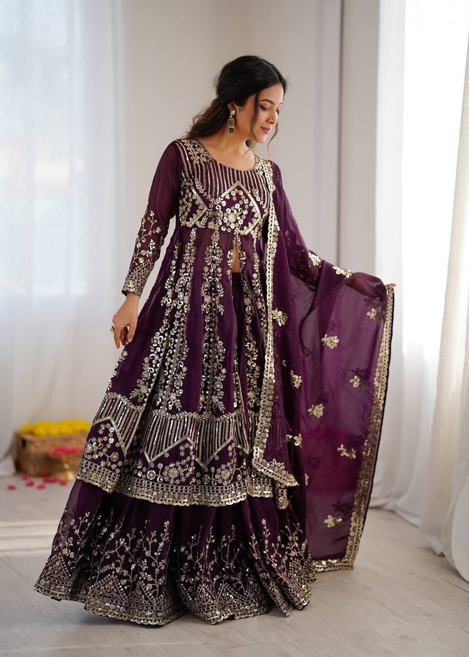 Purpal Crunchy Silk  Embroidery Sequence Work 3-Piece Lehenga Set