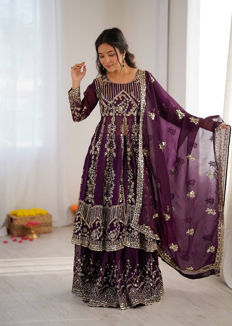 Purpal Crunchy Silk  Embroidery Sequence Work 3-Piece Lehenga Set