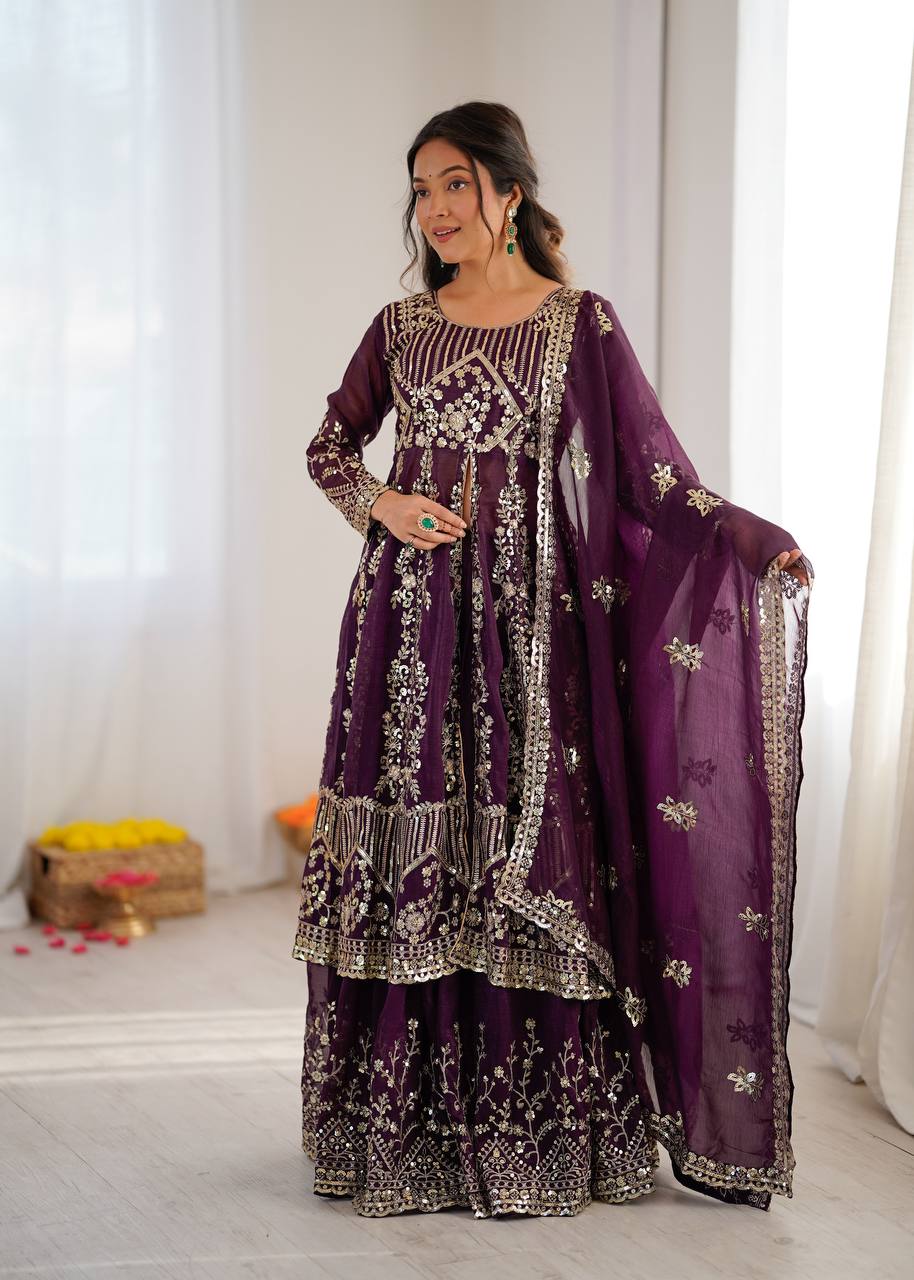 Purpal Crunchy Silk  Embroidery Sequence Work 3-Piece Lehenga Set