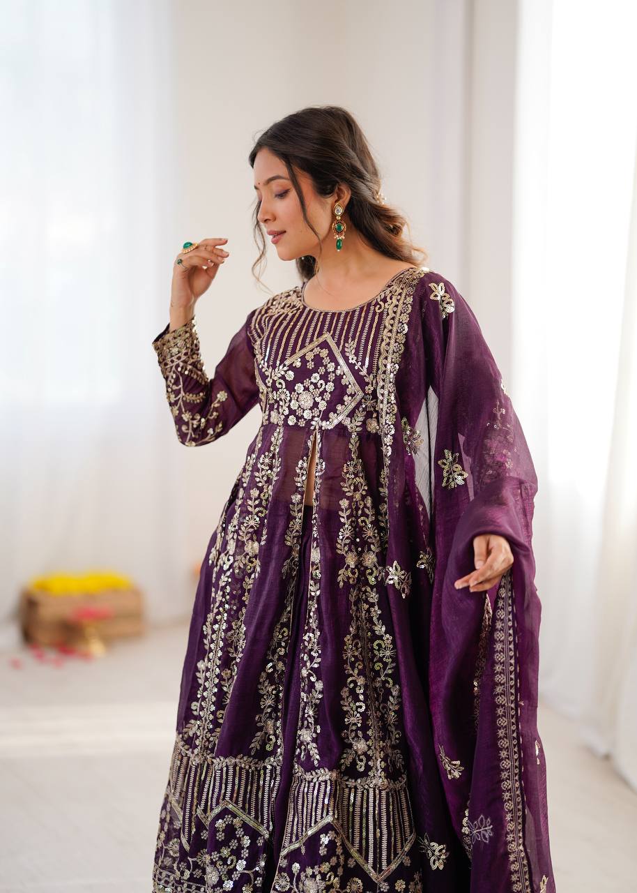 Purpal Crunchy Silk  Embroidery Sequence Work 3-Piece Lehenga Set