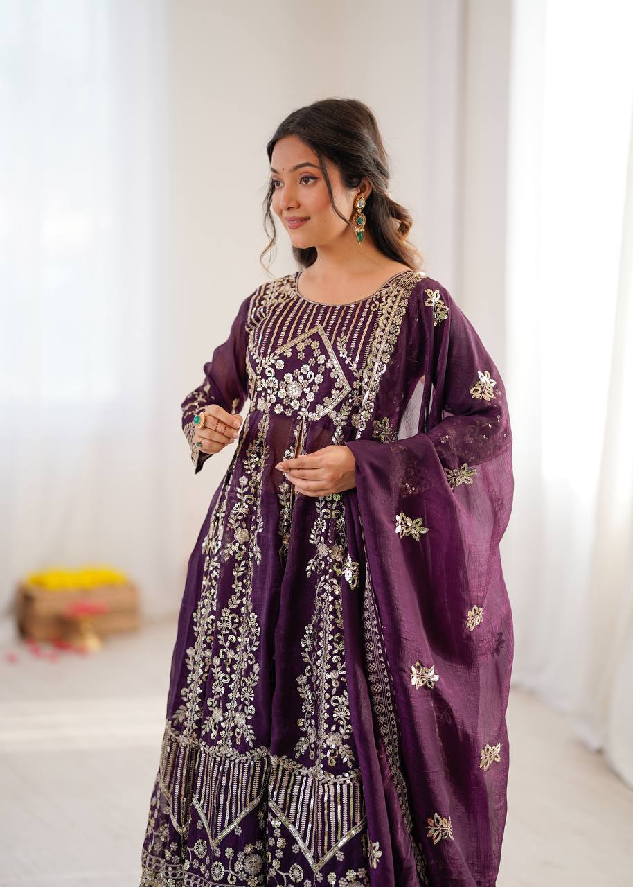 Purpal Crunchy Silk  Embroidery Sequence Work 3-Piece Lehenga Set