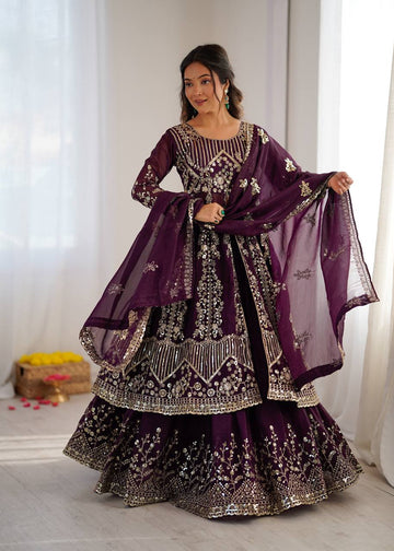 Purpal Crunchy Silk  Embroidery Sequence Work 3-Piece Lehenga Set