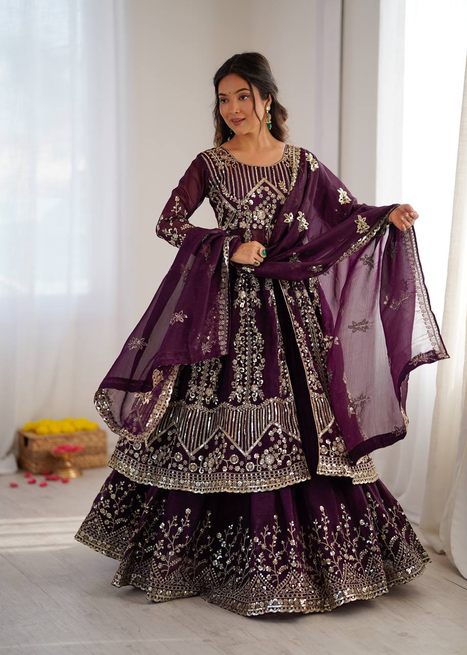Purpal Crunchy Silk  Embroidery Sequence Work 3-Piece Lehenga Set