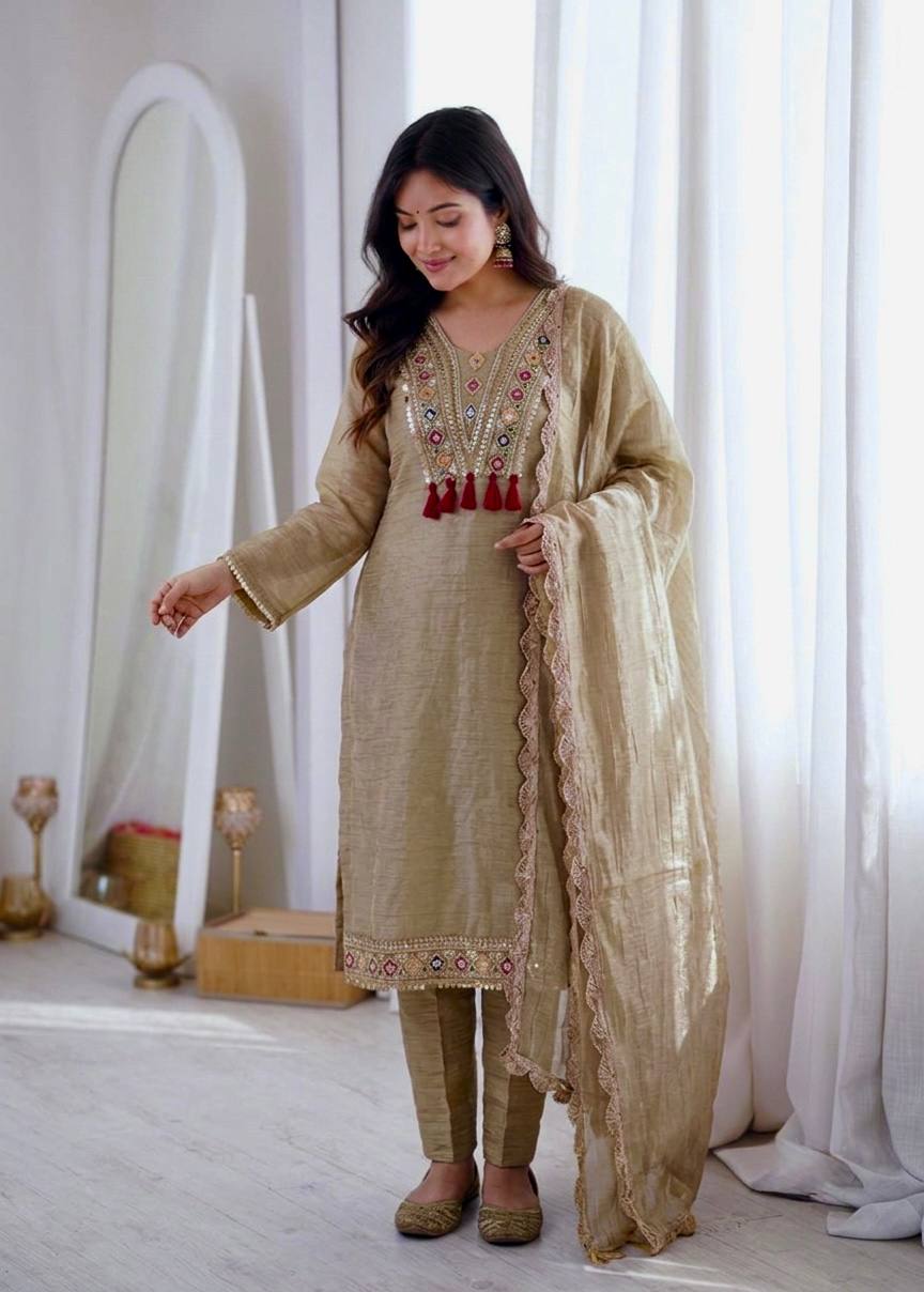 Cream Salsa Silk Embroidery & Sequence Work 3-Piece Suit Set