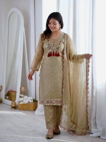 Beige Salsa Silk Embroidery & Sequenc With Pant