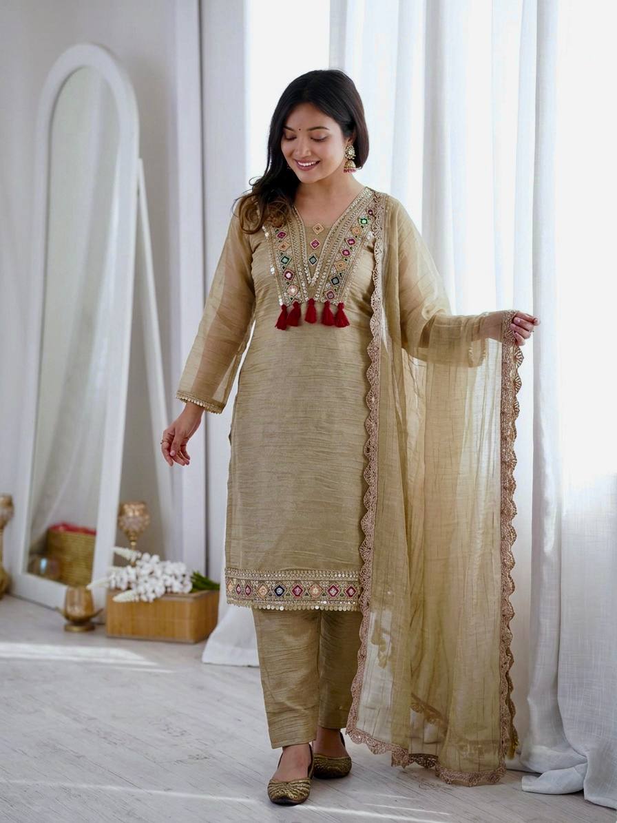 Cream Salsa Silk Embroidery & Sequence Work 3-Piece Suit Set