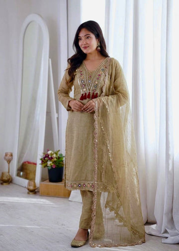 Cream Salsa Silk Embroidery & Sequence Work 3-Piece Suit Set